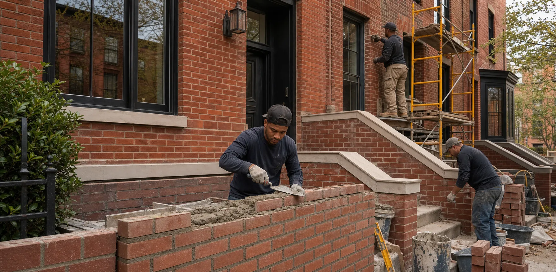 Professional masonry crew working on a Washington DC brick residential facade