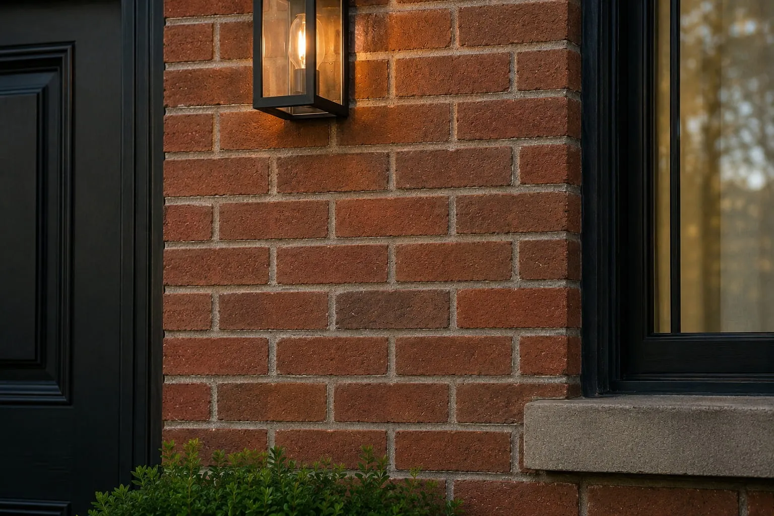 Detail of restored brickwork beside a black unit entry door and lantern