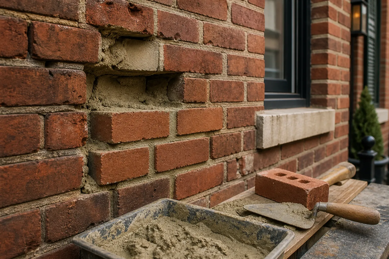 Close-up of brick replacement and cracked brick repair on a Washington DC facade