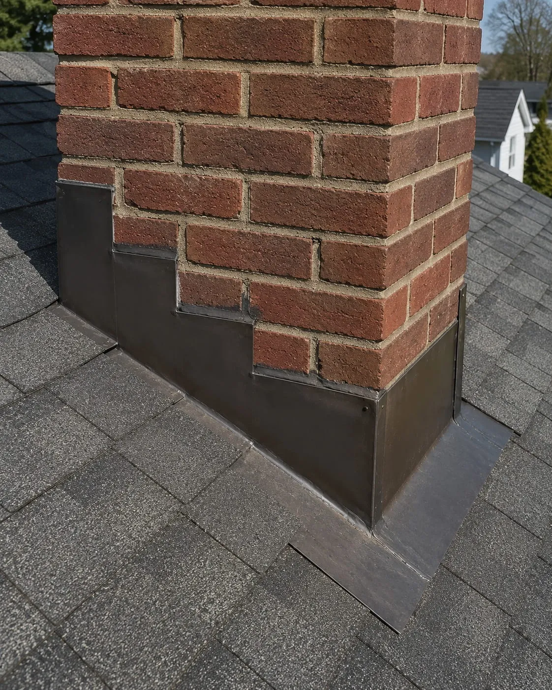 Stepped metal flashing sealing the joint where a brick chimney meets a shingled roof