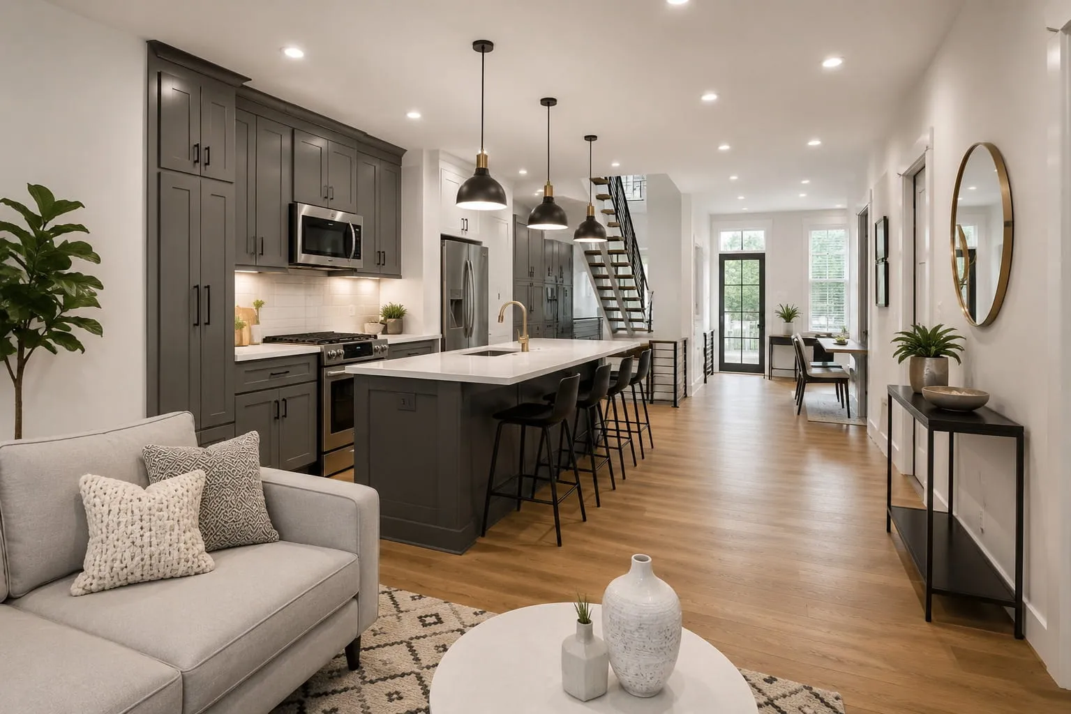 Open-plan living, kitchen and dining space inside a converted rowhouse condo unit