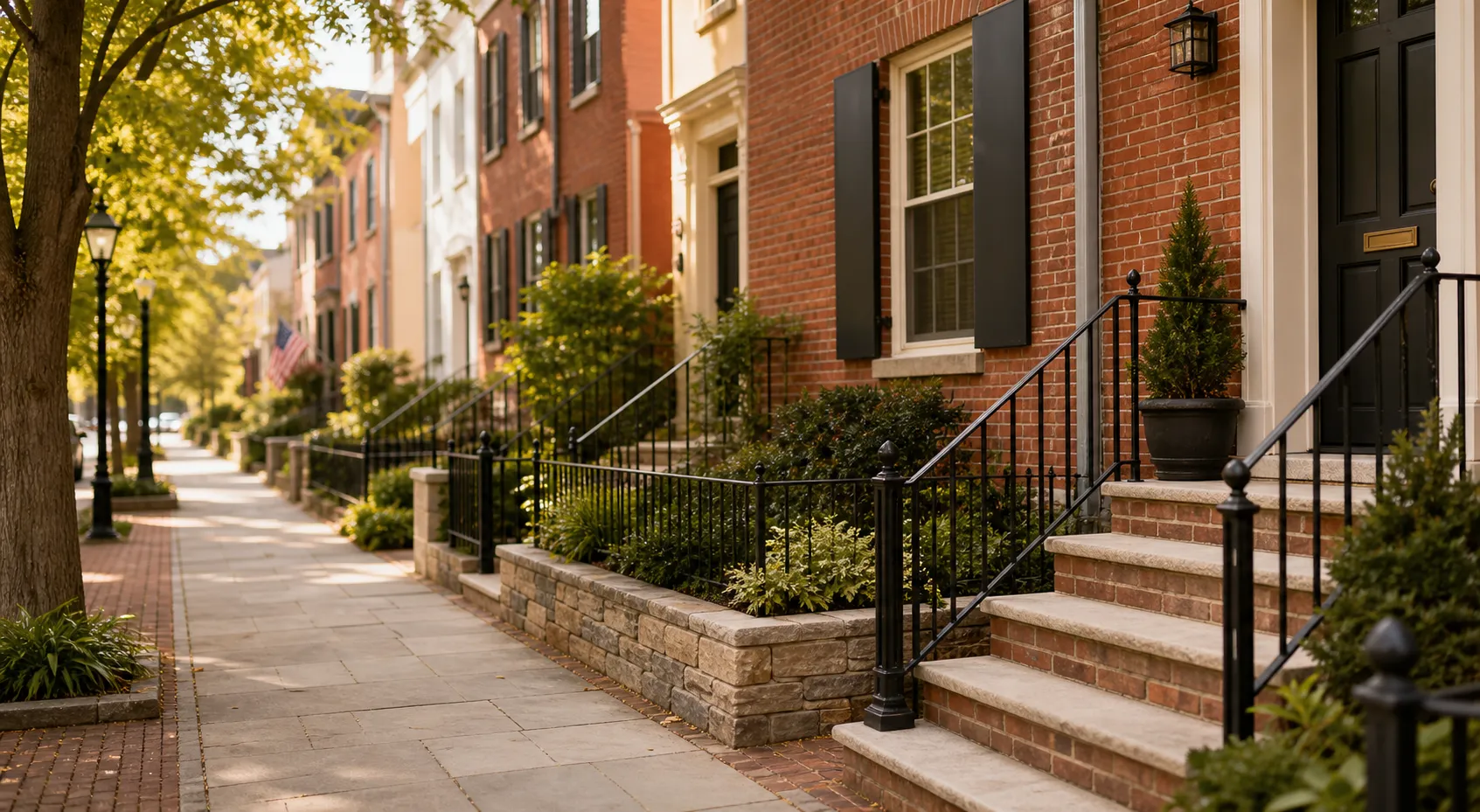 Washington DC masonry exterior with brick facade and stone walkway