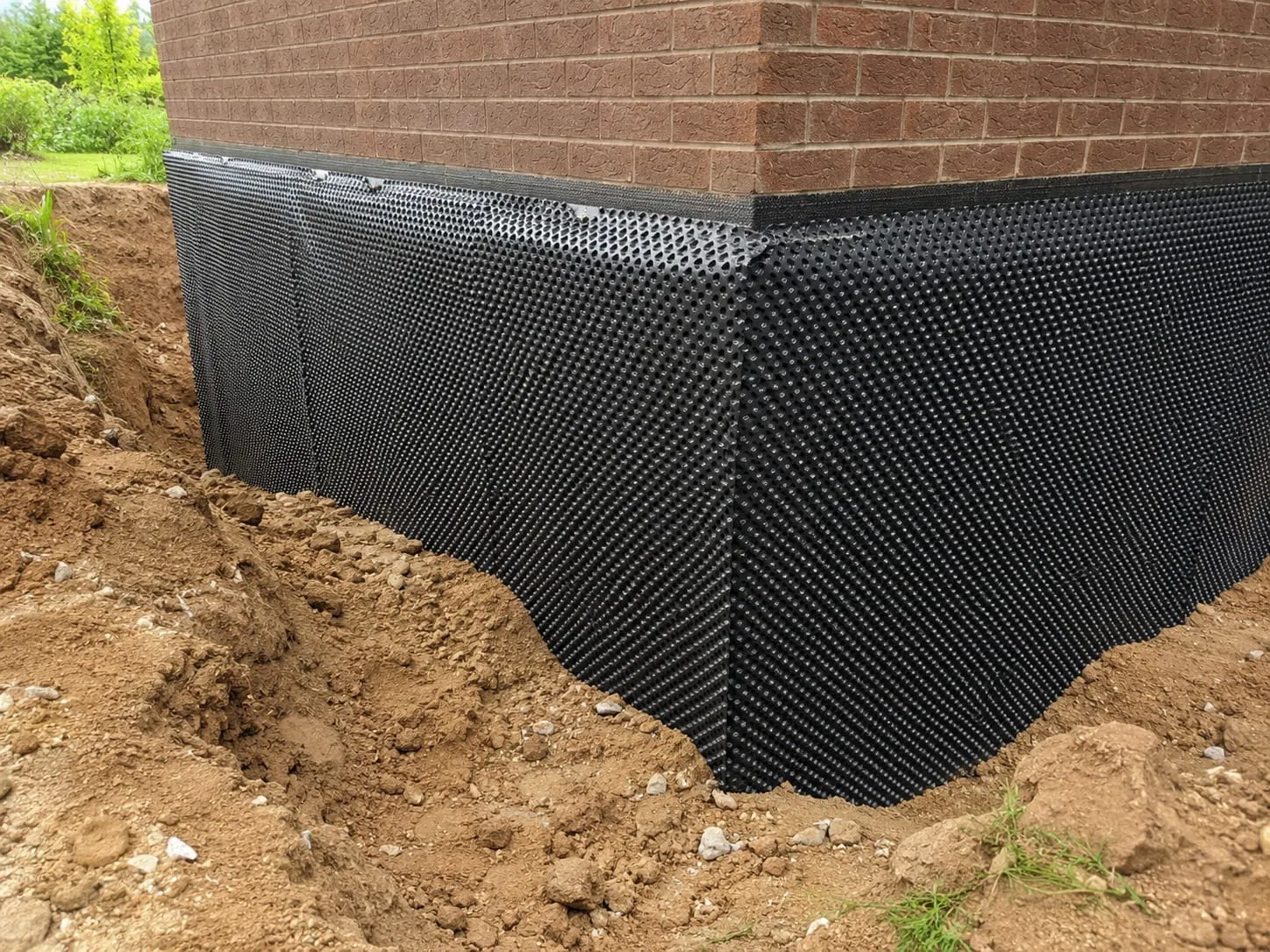 Completed damp proofing membrane along an excavated foundation before backfilling in Washington DC