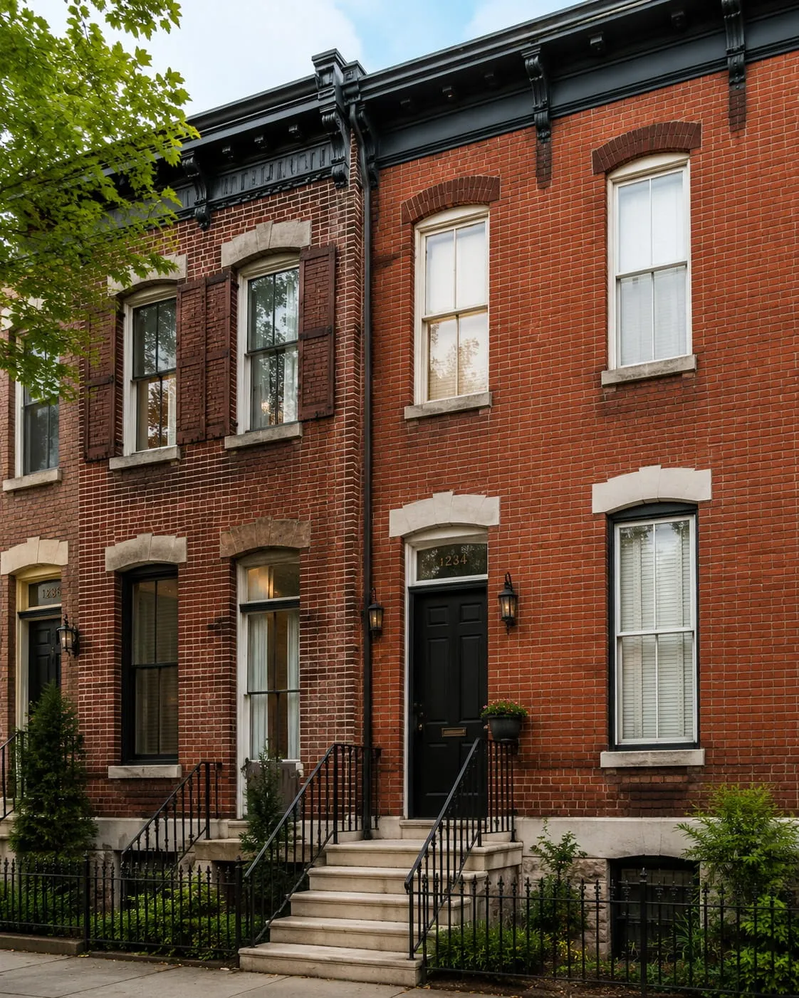 Historic Washington DC brick rowhouse facade with arched window heads, stone sills and original cornice brackets