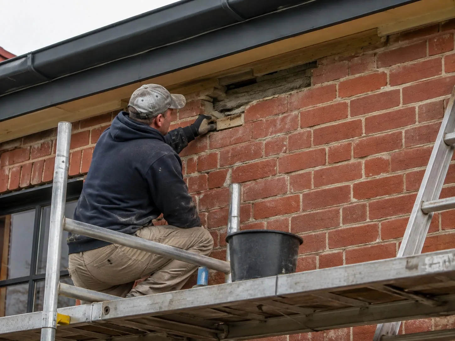 Mason on scaffolding repairing damaged brickwork below the roofline of a Washington DC home
