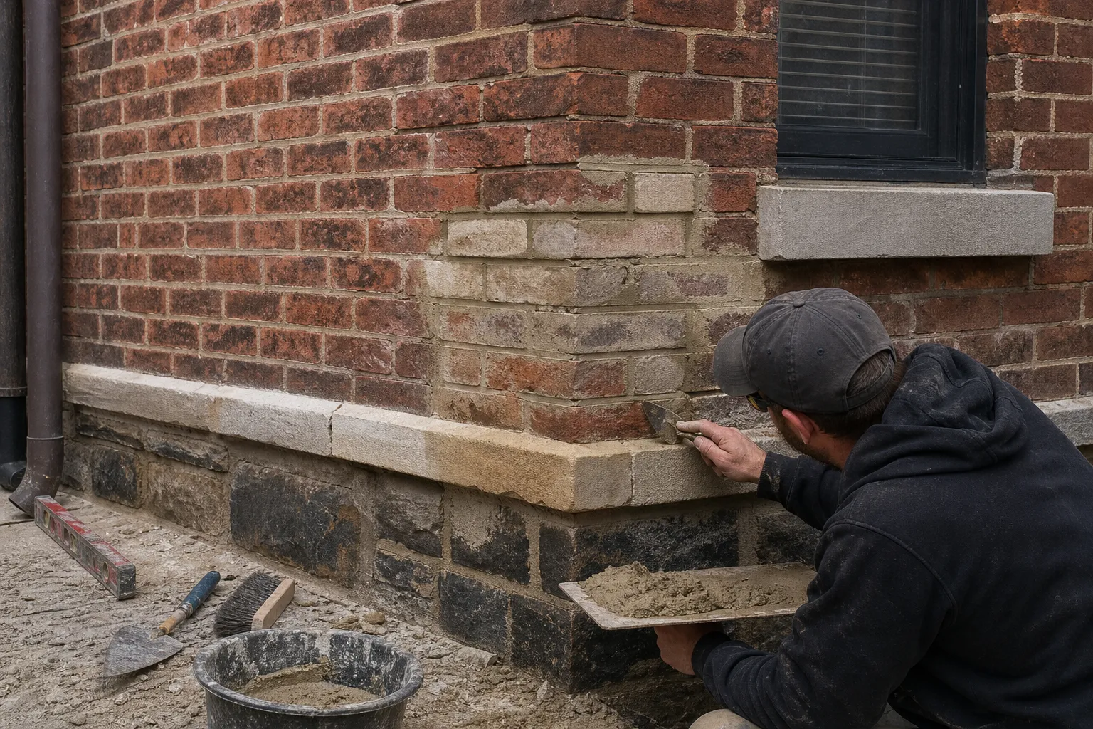 Mason repairing damaged brick and stone masonry on a Washington DC rowhouse