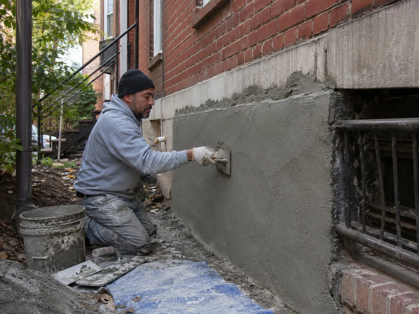 Mason troweling a fresh parge coat onto the foundation wall of a Washington DC rowhouse