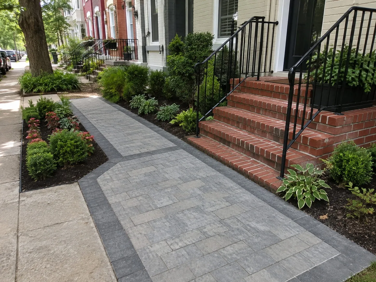 Newly installed paver walkway with a contrasting border running to the front steps of a Washington DC rowhouse