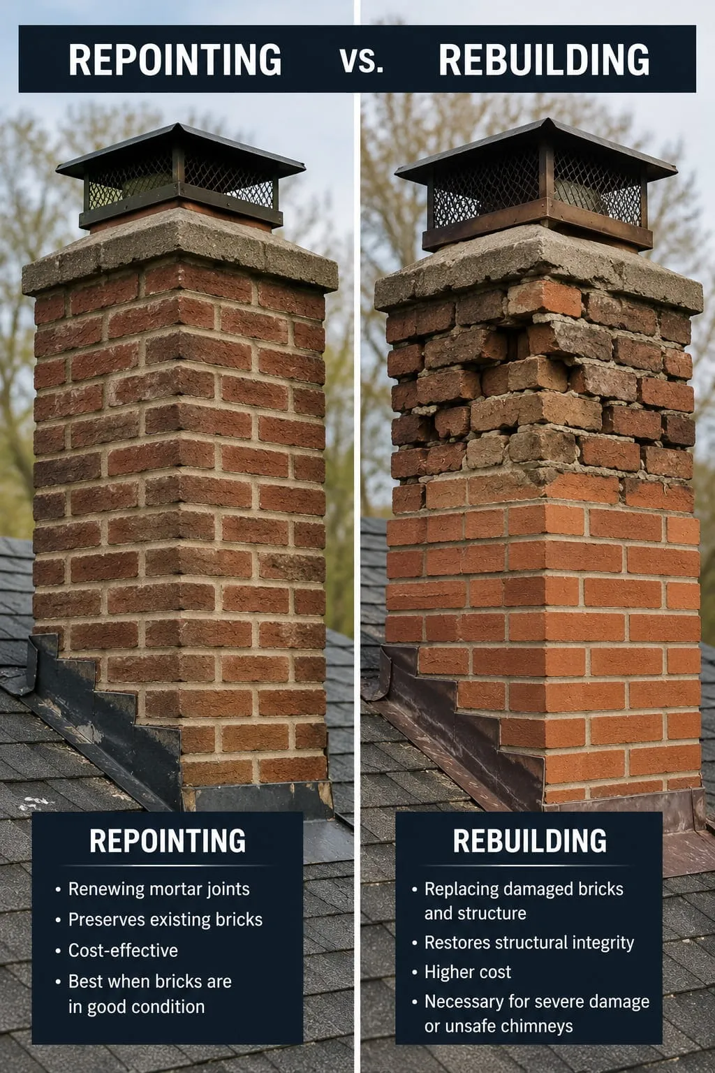 Side-by-side comparison of a sound chimney suited to repointing, which renews mortar joints and preserves existing brick, against a badly deteriorated chimney needing a rebuild to replace damaged brick and restore structural integrity