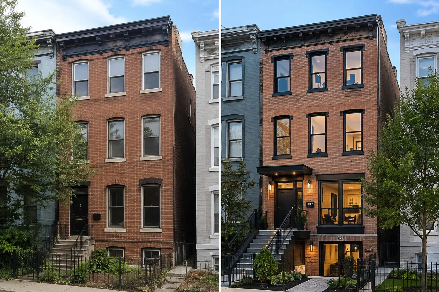A single-family brick rowhouse shown before conversion and after, rebuilt as a multi-unit building with separate unit entrances