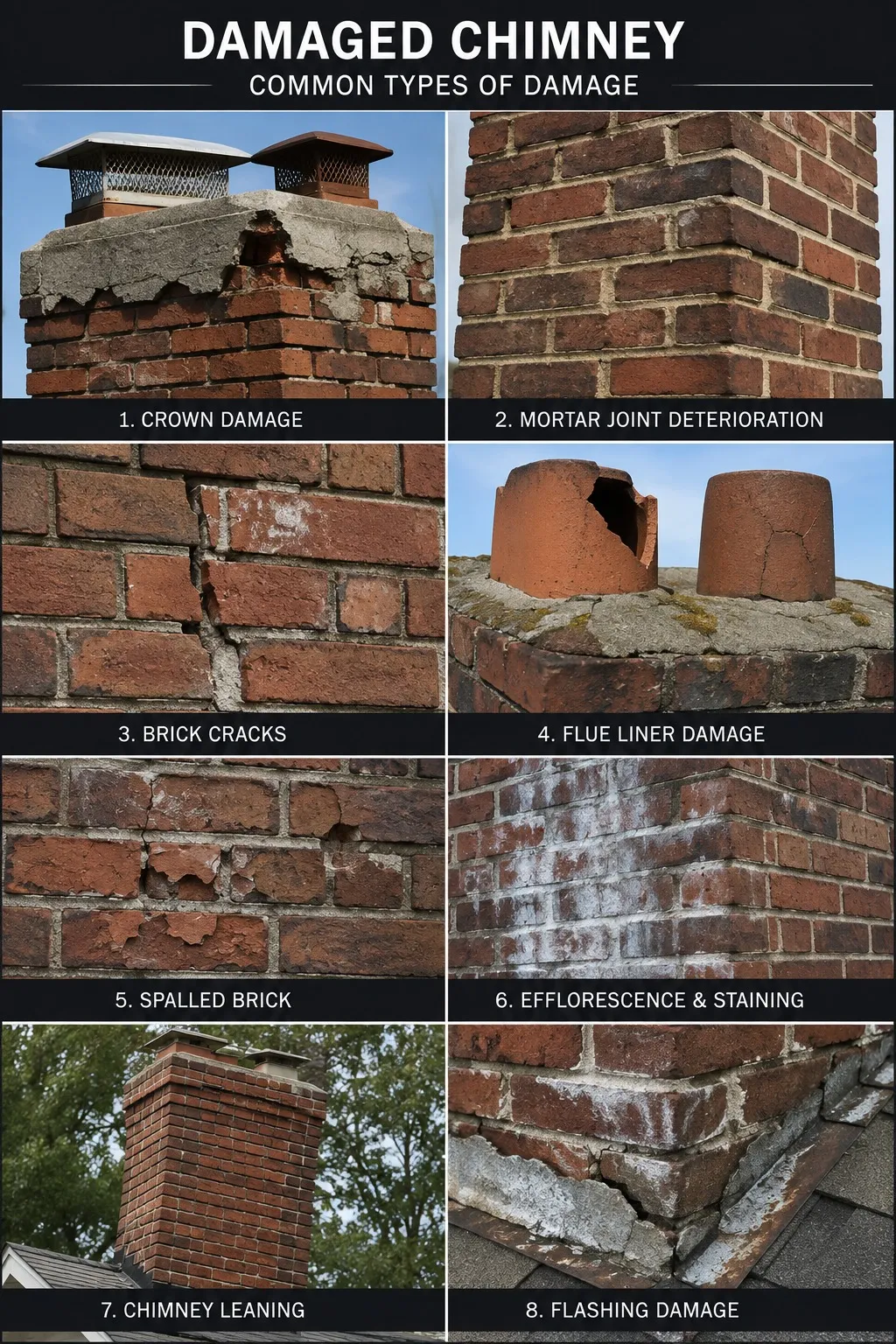 Chart of eight common types of chimney damage: crown damage, mortar joint deterioration, brick cracks, flue liner damage, spalled brick, efflorescence and staining, chimney leaning, and flashing damage