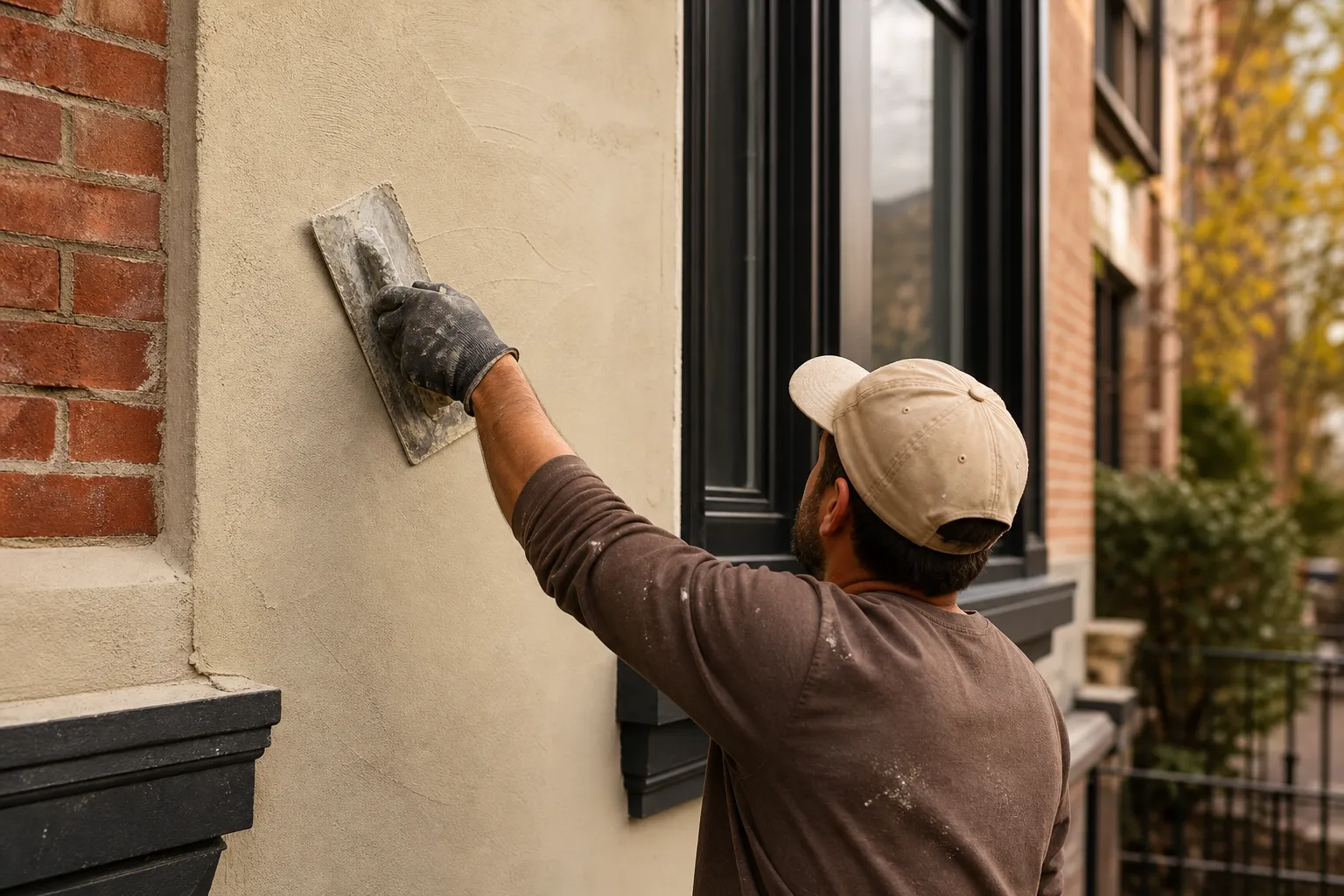 Smooth stucco wall application on a Washington DC residential exterior