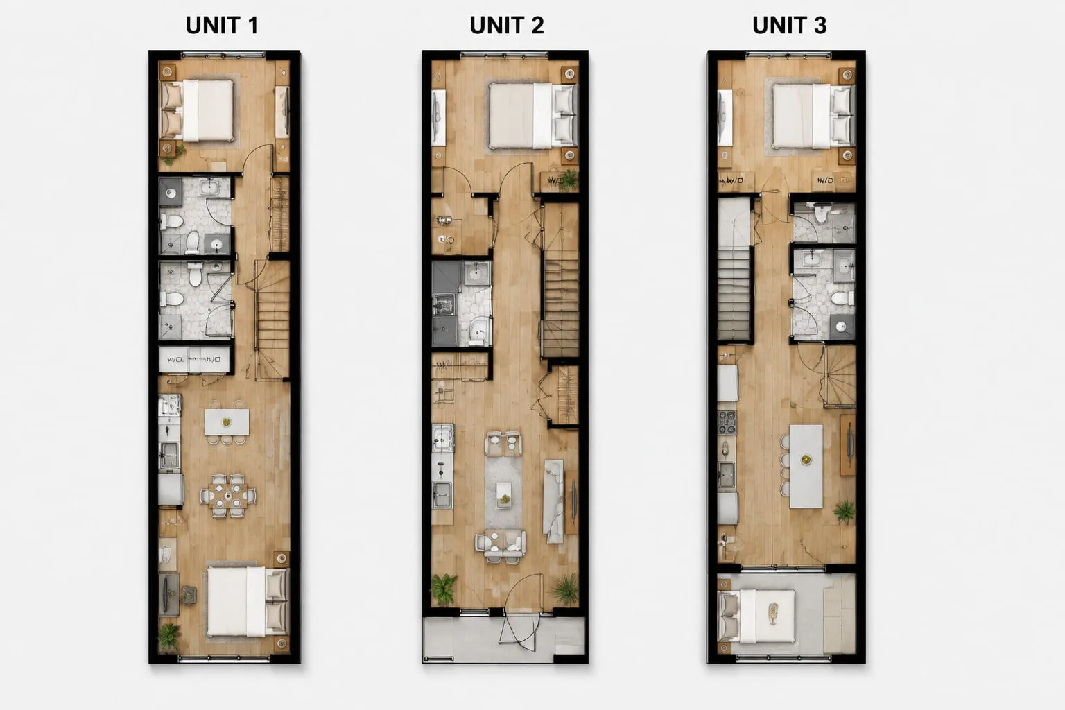 Floor plans for three separate condo units laid out across a converted rowhouse