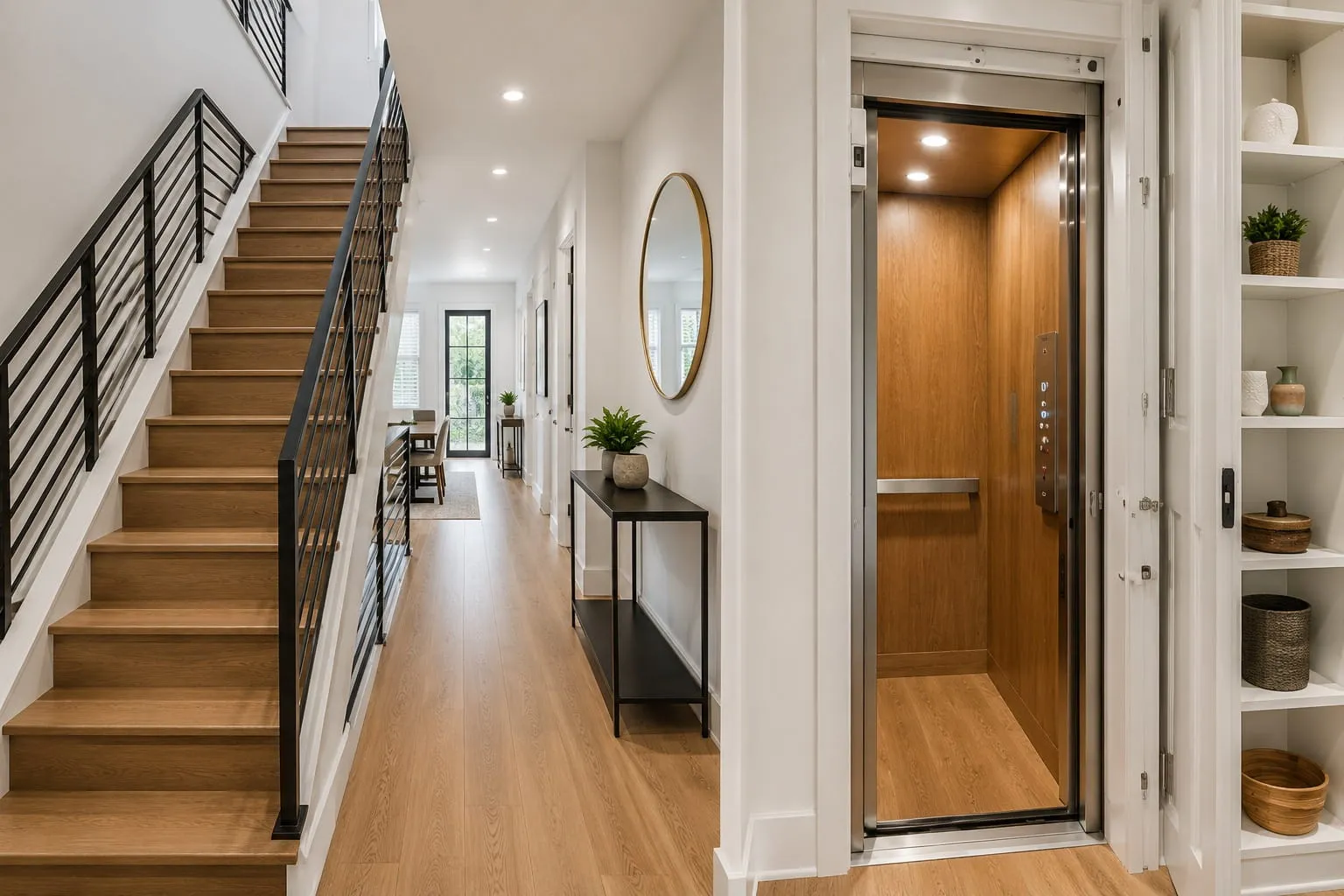 Converted rowhouse hallway with a new oak stair, steel railing and a residential elevator serving the upper units